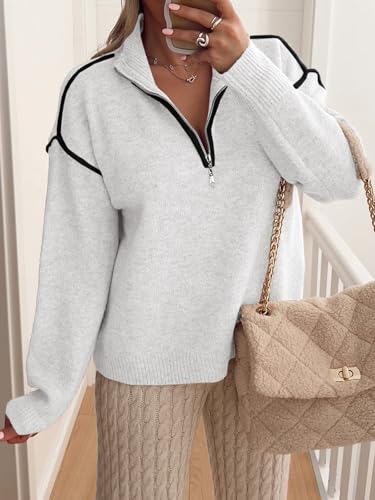 Saodimallsu Womens Quarter Zip Pullover Sweaters Casual Collared V Neck Color Block Long Sleeve Loose Knit Fall Sweater2