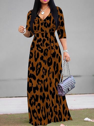 Image of Women Plus Size Long Sleeve V Neck Maxi Dress with Belt | Soft fabric relaxed fit three quarter sleeve v neck with pockets for party and daily wear