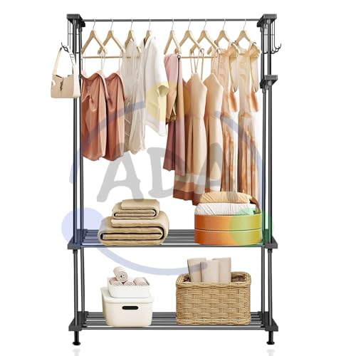 Image of ADA Premium High Density Drizzle Metal Garment Rack with 10 Side Hooks and 2 Lower Shelves | Heavy Duty Multifunctional Clothes Rack - Black (83 x 30 x 137cm)