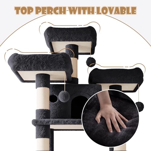 Image of SHA CERLIN 81 Inches Extra Large Cat Tree for Indoor Adult Cats /XXL Big Cat Tower with Condo /Cozy Perches /Sisal Scratching Posts and Hammocks /Activity Center /F80 /Heavy Duty /Dark Grey