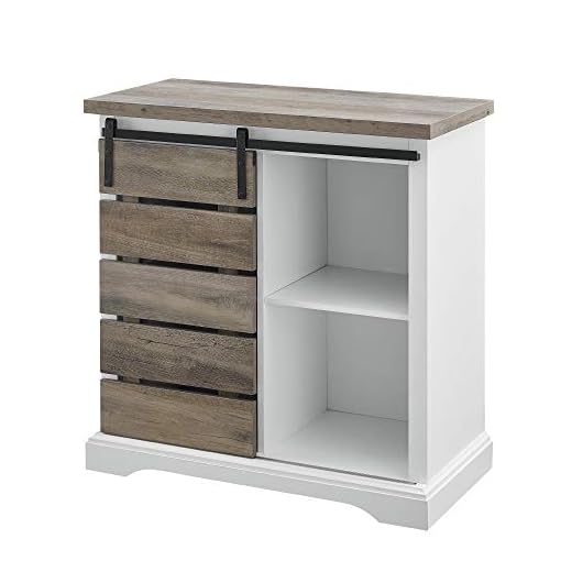 Walker Edison Willa Modern Farmhouse Sliding Single Slat Door Storage Console, 32 Inch, White and Grey Wash