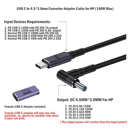 USB C to 4.5mm Smart Blue Tip Laptop Charging Cable Adapter for HP 19.5v 2.31a 45w 3.34a 65w 4.62a 90w 6.9a 135w max Nylon Braided 1.8m image 4
