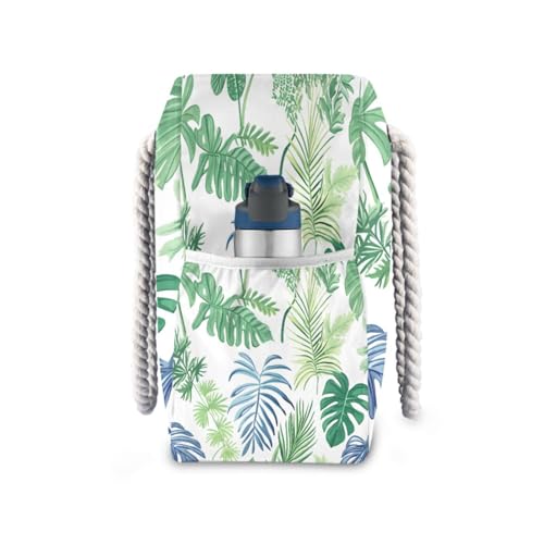 Beach Bag - Large Tote Bags for Women Green Blue Tropical Leaves Pattern Shoulder Bags Zipper Waterproof Sandproof for Travel Gym Swim Daily3
