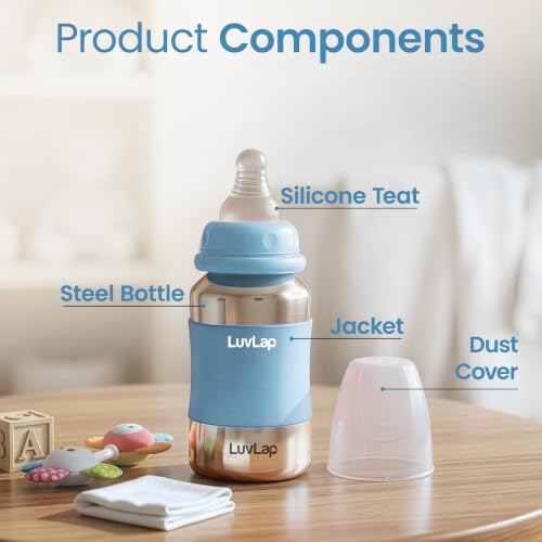 Image of LuvLap Baby Steel Feeding Bottle 140ml, Made of SS304 Rust Free Steel, Baby Milk /Water Bottle with Dust Cover, Heat Protective Silicone Cover, BPA Free, Odour Free, Leak Proof, Sky Blue, 0M+