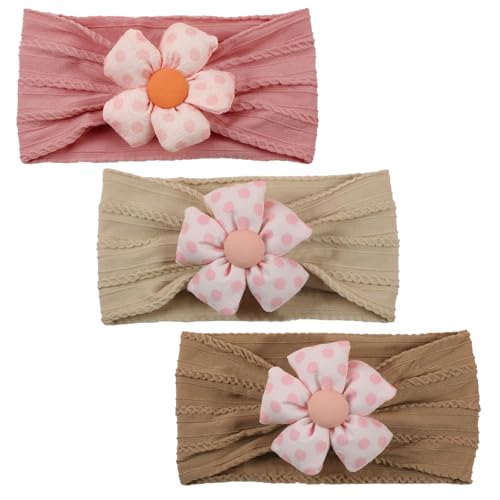 3 Stück Baby-Blumen-Stirnband, Nylon-Baby-Stirnbänder, weiche Haarbänder, Zubehör für Neugeborene, Kleinkinder (Khaki Brown Pink)