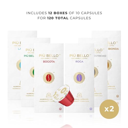 Piu Bello Espresso Coffee Pods – Variety Pack for Nespresso Original Machines – Light Roast, Dark Roast, Chocolate, Nutty, Caramel – Kosher, Rich & Balanced (120 Count, 6 Flavors)