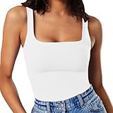 MISSJOY Womens Sexy Square Neck Double Lined Sleeveless Seamless Stretch Bodysuits Tank Tops White L
