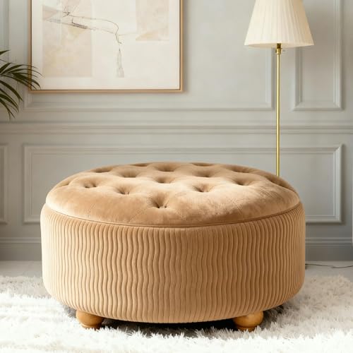 modscape 30-Inch Large Round Velent Storage Ottoman Coffee Table Upholstered Ottoman Table for Living Room Soft Tufted Circle Boucle Ottoman with Lift-Off Lid (White Mocha)