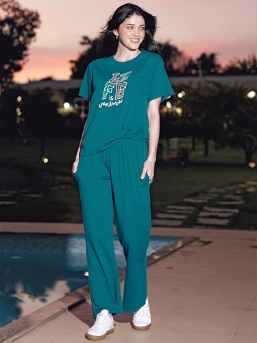 Image of ZEYO Night Suit for Womens Typography Printed Cotton Night Dress of Top and Wide Bottom Pyjama