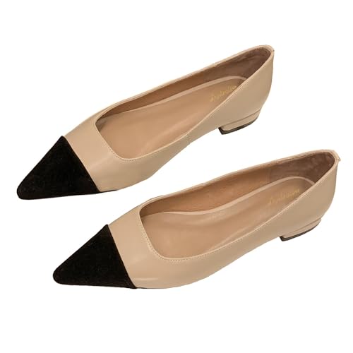Women Comfy Cap Toe Flats Slip on Pointed Toe Flat Shoes Two Tone Flat Heel Dress Shoes Casual Pointy Toe Ballet Flats Colorblock Classic Office Elegant Driver Flats 4-11 M US