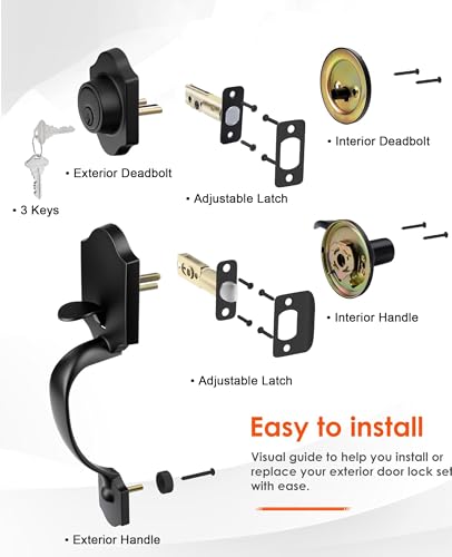 Image of Haidms Matte Black Front Door Handle and Deadbolt Set, Front Door Lock Set, Weather Resistant Entry Door Locksets with Deadbolt Single Cylinder, Exterior Door Handle with Reversible Handle Lever