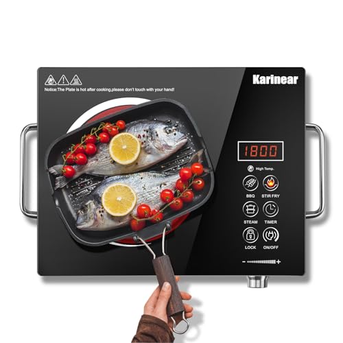 Karinear Keramik Kochfeld 1 Platte Tragbar mit Griff, 650 °C Max, Glaskeramik Kochplatte 1er Freistehend, Herdplatte 1 Kochfelder mit Stecker, Timer, Kindersicherung, Restwärmeanzeige, 220-240V, 2000W