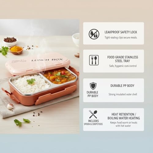Image of Insulated Stainless Steel Lunch Box with Textured Lid | 3 Compartments | 525ml | BPA Free | Leakproof | Microwave Safe Without Lid | Bento Tiffin Box for Office School Travel (Peach Brown, 2)