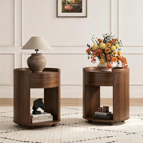Image of Chogori Solid Wood End Table Set of 2 with Drawer & Storage Shelf - Walnut Round Accent Nightstand, Farmhouse Side Table for Small Spaces, Living Room, Easy Assembly