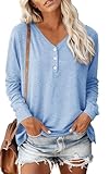 Teesho Damen Langarmshirt V-Ausschnitt Oberteile Elegant Shirts Herbst Longshirt Baumwolle Pullover Tops Tunika（hellblau/L