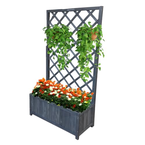 Vivo Technologies Large Rectangular Wooden Planter with Liner and Lattice Trellis Panels for Climbing Plants 70x30x135cm Flower Plant Pot Box for Garden Patio Grey