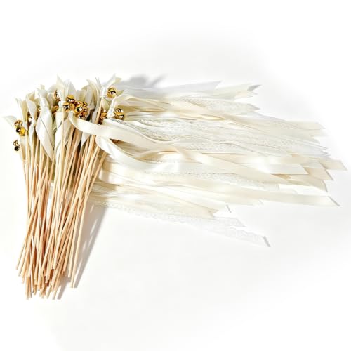 LALAGO Baguettes de Mariage fée Bâton Blanc Laiteux, 50 Pièces Wedding Wands avec 100 Grosses Clochettes et 150 Rubans de Mariage, Baguettees, Bâtons de Ruban pour les Anniversaires