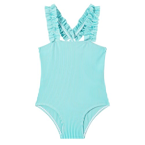 Image of LIZENS Girls One Piece Swimwear Pink Stripe Ruffled Shoulder Straps Girls Swimsuit Size 2-12