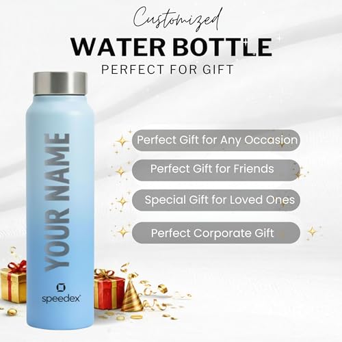 Image of Speedex Customised Engraved Name Stainless Steel Water Bottle 1 Ltr - Personalised Screw Cap Bottle for Kids, Men & Women, School, Office, Gym, Dual Blue, Set of 1