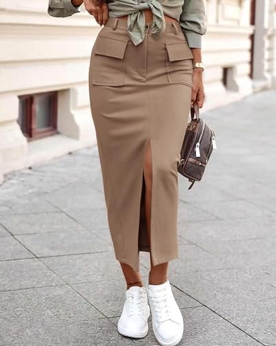 Image of KIRUNDO Womens High Waist Cargo Midi Pencil Skirt | Business Casual Skirts, Patch Pockets, Front Split, Button Closure, Summer Fall Fashion Clothing, Daily Wear Work Outfits