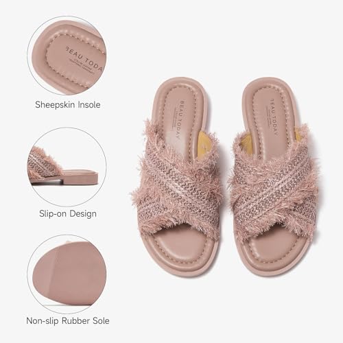 Image of BEAU TODAY Flat Sandals for Women,Women's Leather Sandals with 2 Strap,Peep Toe Summer Strap Sandals for Women,Open Toe Buckle Comfortable Dress Sandals Shoes for Women