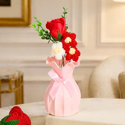 Image of Art Street Handmade Crochet Flower Vase with Artificial Rose | Red & White Knitted Flowers with Green Leaves | Decorative Pink Vase with Ribbon for Home Decor, Birthday, Anniversary