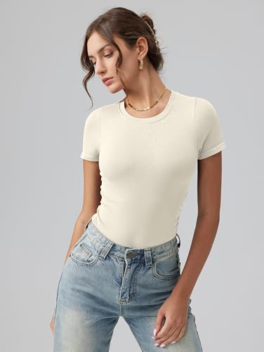 Image of OQQ Women's Crew Neck Short Sleeve Bodysuit Ruched Stretch Vacation Basic for Tops Spring & Summer