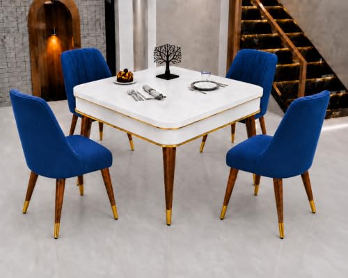 Image of WOODEN SPACE 4 Seater Wooden Dining Table Set | Urban Marble Top Dining Table with Chairs for Dining Room & Kitchen (Modern Frontline Navy Blue) (42 x 42 x 30 inch)