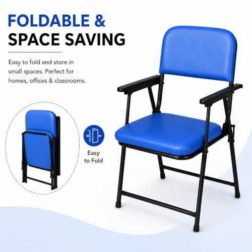 Image of Foldable Cushioned Chair with Armrests | Heavy Duty Metal Frame | Soft Padded Seat & Backrest | Space Saving Folding Chair for Home, Office, Study & Guest Seating | Blue