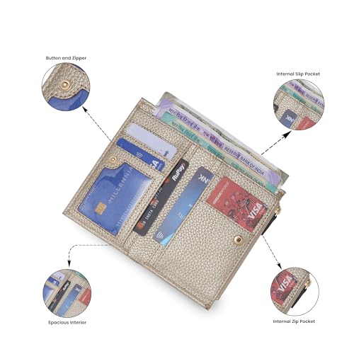 Image of Caprese Monique Small Textured Bifold Wallet for Women | Compact Handheld Purse with 6 Card Holder Slots | Slim Designer Wallet with Secure Snap Button & Zippered Coin Pocket (Gold)