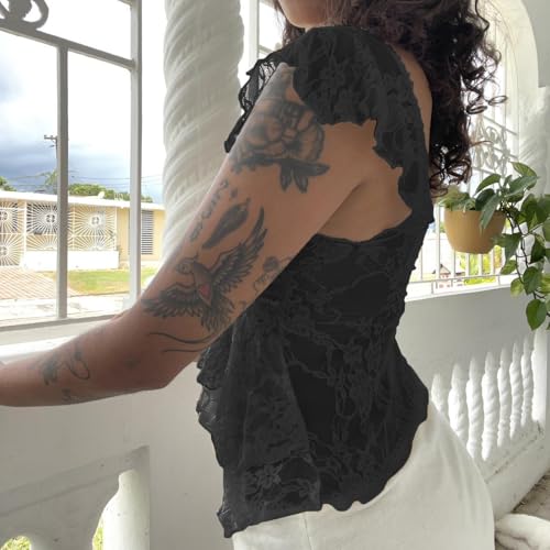 Women Y2k Lace Going Out Crop Top Summer Cap Sleeve Sheer Shirt Tanks Babydoll Tops Coquette Clothes4