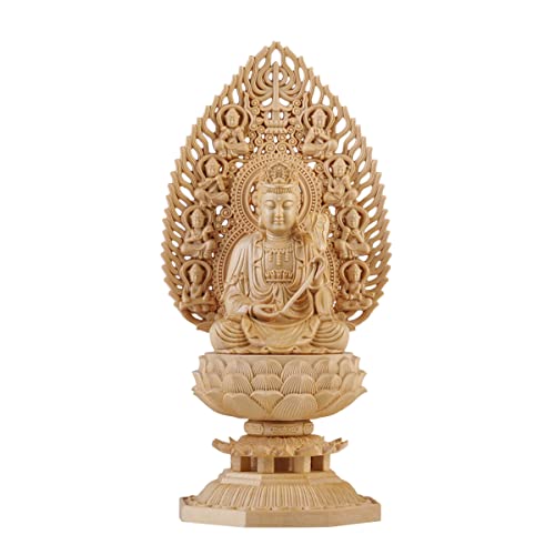 繁樓藝雕 仏像 虚空蔵菩薩 仏壇仏像 木彫り 置物 桧木製 丑年・寅年 開運十二干支お守り本尊 祈る 厄除け 飛天光背 八角台座(高さ28cm×巾12cm×奥行12cm) (原木)