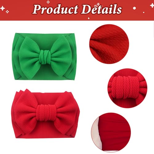 2pcs Red Green Bow Headbands for Newborn Baby Girls, Christmas Hair Bow Headbands 7inch Big Stretchy Soft Head Wrap Turban Hair Accessories Gifts for Infant Toddler Baby Girl Newborn Essentials3