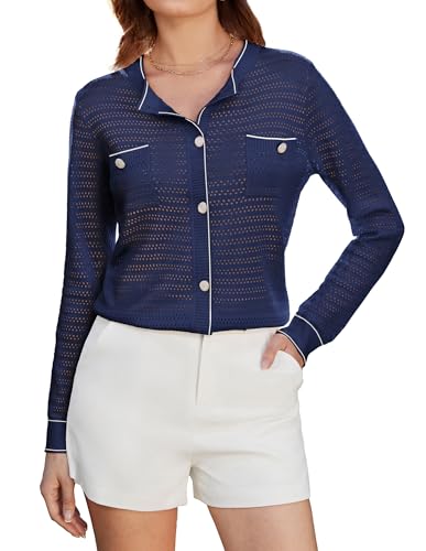 GRACE KARIN Damen Langarm Hollow Out Cardigan Leichte Strickjacke mit Knöpfen Marine Blau S