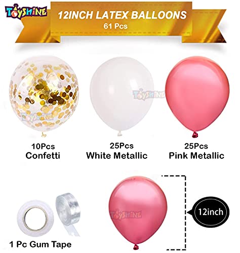 Image of Toyshine 61 Pcs Balloon Party Decoration Combo | 25 White Metallic, 25 Pink Metallic, 10 Confetti Balloons, 1 Tape for Birthday Anniversary Theme Party