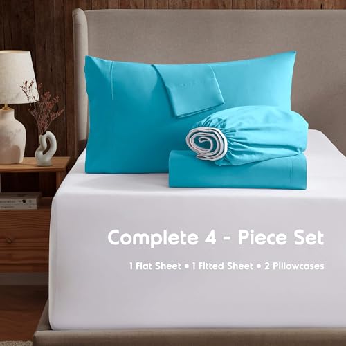 Image of Nestl California King Bed Sheet Set - Bright Blue - 4-Piece Deep Pocket | Instantly Soft, Night-One Ready (No Wash Required). Fits 16-Inch Deep Pockets, 360-Degree Elastic Grip