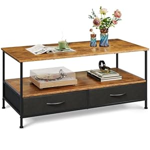 WLIVE Coffee Table, 39″ Coffee Table with Storage & Drawers, 2-Tier Wood Center Table for Living Room, Apartment, Bedroom, Metal Table Legs, Rustic Brown