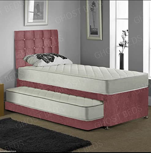 GHOST BEDS Trundle Guest Bed Pull out With Mattresses and Faigo Diamond Headboard (Pink)