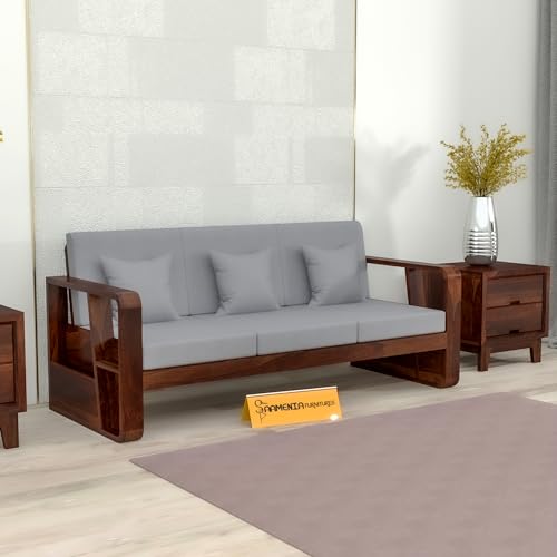 Image of KINGS HOME FURNITURE Sheesham Wooden 3 Seater Sofa for Living Room | Solid Wood Sofa with Side Newspaper Holder | Rosewood Sofa Set for Home & Office | Lounge (Walnut Finish, 3 Seater)