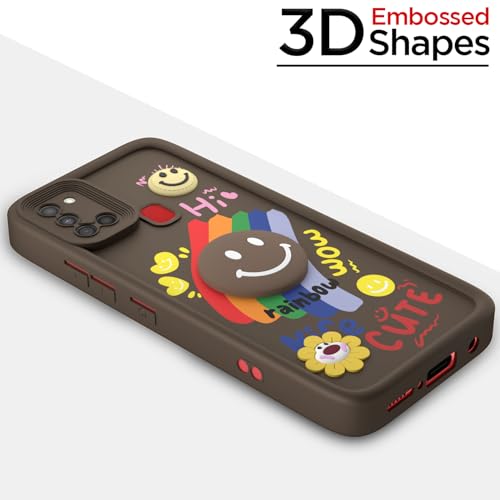 Image of Pikkme Back Cover for Samsung Galaxy A21s | Soft Silicone| Cute Rainbow Smile & 3D Cartoon Flower Design | Shockproof Raised Camera Protection Bumper Case (Brown)