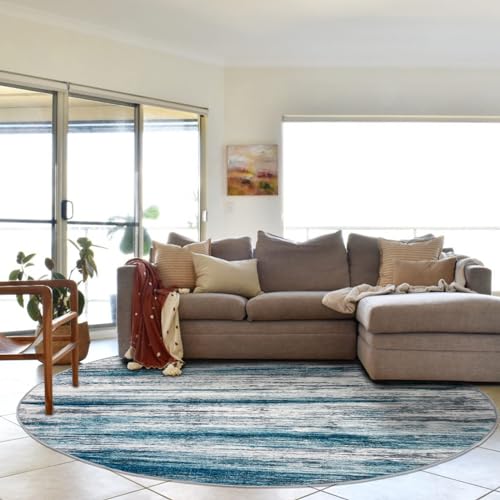 KOZYFLY Round Washable Rugs 6Ft Modern Abstract Ombre Rug for Bedroom, Washable Circle Rug Non-Slip Soft Striped Living Room Area Rug, Print Distressed Blue Carpet for Laundry Nursery
