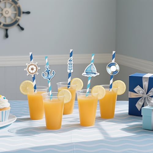 50 pitillos de papel náuticos azul marino rayados miniatura 2