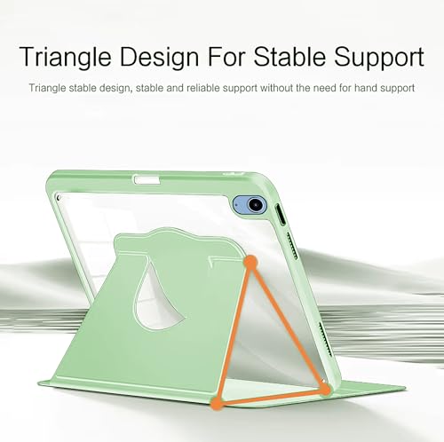 Image of TGK Rotating Case for Ipad 10Th Gen 10.9 Inch 2022 (A2757 / A2777 / A2696) iPad A16 11.0 inch 2025 with Pencil Holder 360 Degree Rotation Protective Trifold Stand Cover Clear Back (Mint Green)
