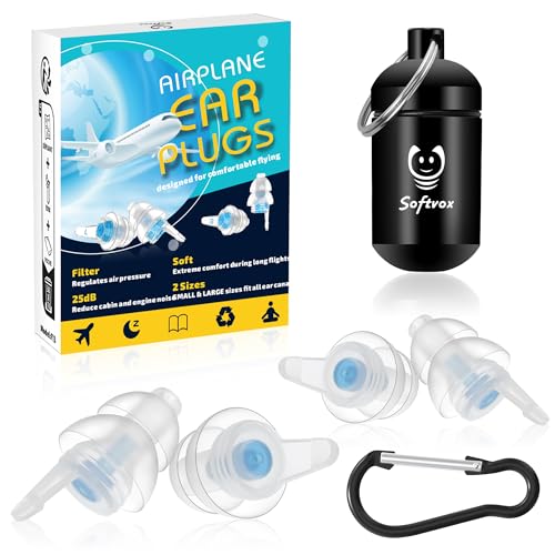 Image of Airplane Ear Plugs 2 Pairs, Prevent Ear Pain Pressure Equalizing Earplugs, Plane Travel Essentials, 100x Reusable Comfy Flight Earbuds for Adults Kids 12+, 2 Sizes, 25 dB Noise Reduction