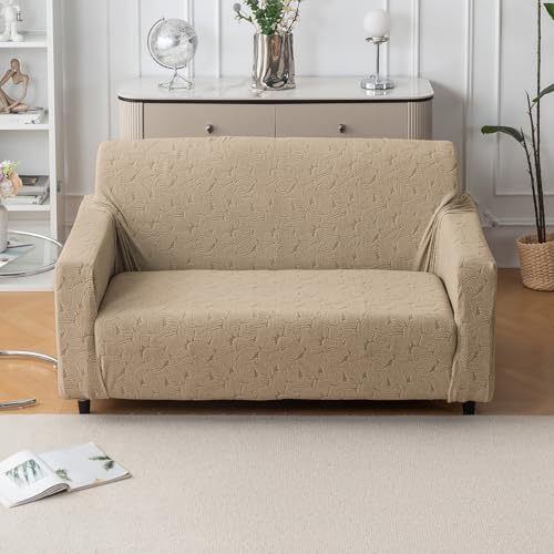 Image of House of Quirk Universal Jacquard Fabric Sofa Cover - Soft, Stretchable Couch Slipcover, Flexible Fit, Wrinkle-Resistant & Easy to Clean (Khaki, Two Seater)