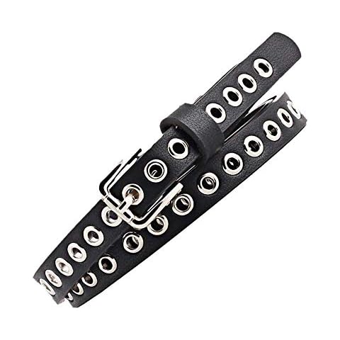 Grommet Belt For Women Black Leather Small Skinny Eyelet Belts For Dress Jeans (Black) Cover