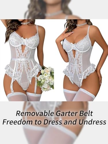Image of Lilosy Sexy Stocking Lace Mesh Bodysuit Top Underwire Garter Lingerie Set 3 Piece