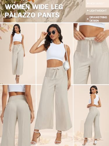Women's High Waist Casual Palazzo Pants Drawstring Smocked Boho Wide Leg Beach Trousers Flowy Loose Fit Pant4