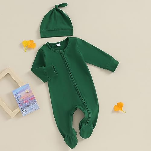 KMBANGI Newborn Infant Baby Boys Girls Footie Romper Solid Zipper Jumpsuit Baby Coming Home Outfit with Hat2