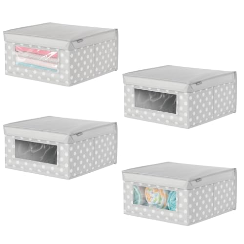 Image of mDesign Fabric Stackable Storage Organizer with Front Window/Lid - Closet Organizer and Storage for Nursery, Bedroom, or Closet - Holds Clothes, Blankets, and Linens - 4 Pack - Gray/White Polka Dot